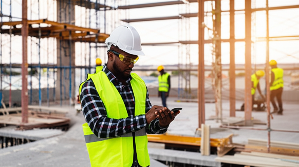 Construction worker using JobSight on smartphone